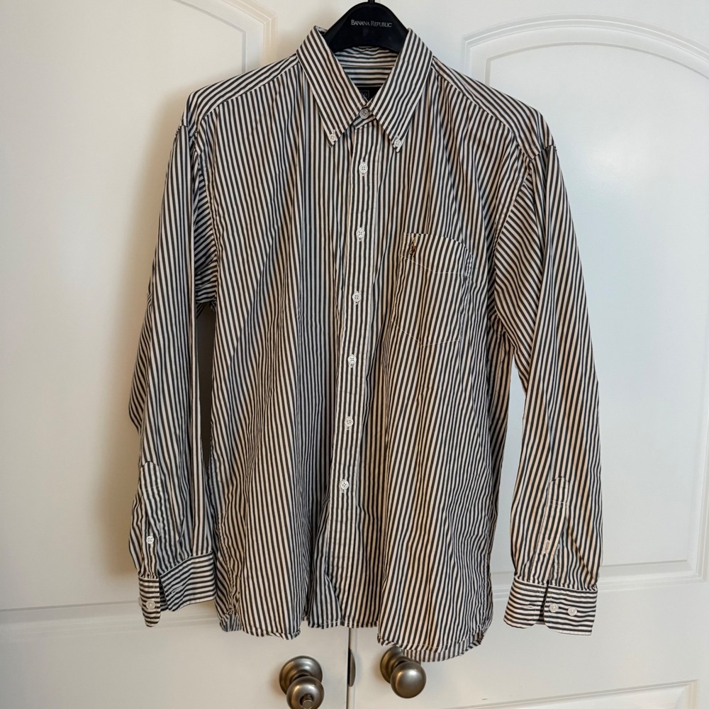 Polo Ralph Lauren Mens Large Striped Button Down Shirt Navy Blue White Cotton
